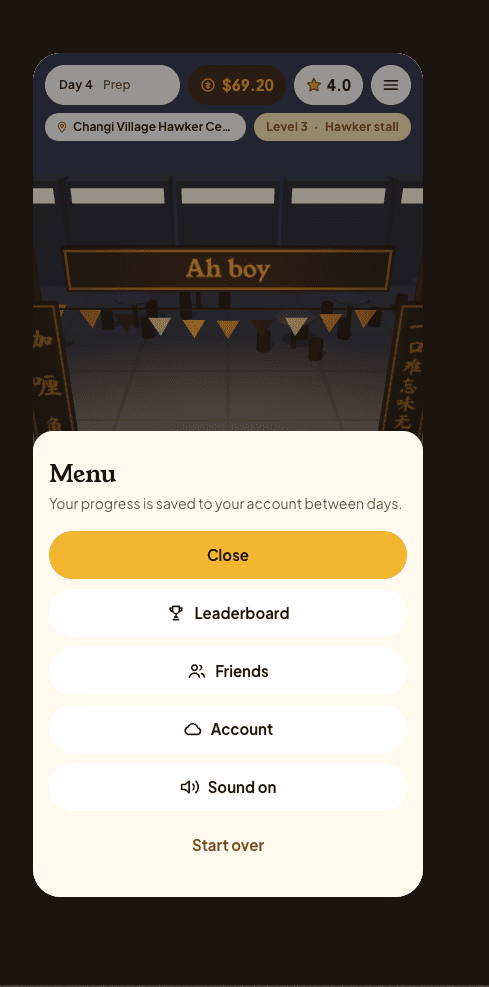 The Hawker Rush menu, with Leaderboard, Friends, Account and Sound buttons, and a note that progress is saved to your account between days
